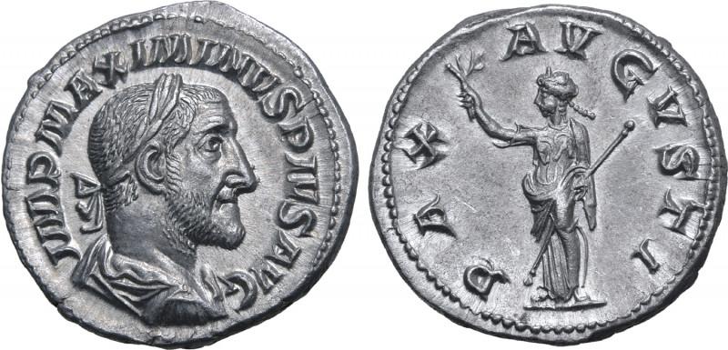 Maximinus I AR Denarius. Rome, AD 235-236. IMP MAXIMINVS PIVS AVG, laureate, dra...