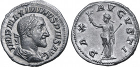 Maximinus I AR Denarius. Rome, AD 235-236. IMP MAXIMINVS PIVS AVG, laureate, draped and cuirassed bust to right / PAX AVGVSTI, Pax standing to left, h...