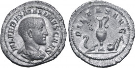 Maximus (son of Maximinus I), as Caesar, AR Denarius. Rome, AD 235-236. IVL VERVS MAXIMVS CAES, bare-headed and draped bust to right / PIETAS AVG, emb...