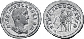 Maximus (son of Maximinus I), as Caesar, AR Denarius. Rome, AD 236-237. MAXIMVS CAES GERM, bare-headed and draped bust to right / PRINC IVVENTVTIS, pr...