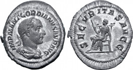 Gordian I Africanus AR Denarius. Rome, AD 238. IMP M ANT GORDIANVS AFR AVG, laureate, draped and cuirassed bust to right / SECVRITAS AVGG, Securitas s...