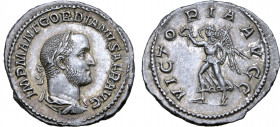 Gordian II Africanus AR Denarius. Rome, AD 238. IMP M ANT GORDIANVS AFR AVG, laureate, draped, and cuirassed bust to right / VICTORIA AVGG, Victory ad...
