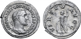 Gordian II Africanus AR Denarius. Rome, March- April, AD 238. IMP M ANT GORDIANVS AFR AVG, laureate, draped and cuirassed bust to right / VIRTVS AVGG,...