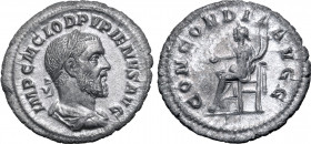 Pupienus AR Denarius. Rome, AD 238. IMP C M CLOD PVPIENVS AVG, laureate, draped and cuirassed bust to right / CONCORDIA AVGG, Concordia seated to left...
