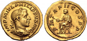 Philip I AV Aureus. Rome, AD 245. IMP M IVL PHILIPPVS AVG, laureate, draped and cuirassed bust to right / P M TR P II COS P P, emperor seated to left ...