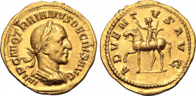 Trajan Decius AV Aureus. Rome, AD 249-251. IMP C M Q TRAIANVS DECIVS AVG, laureate and cuirassed bust to right / ADVENTVS AVG, Emperor on horseback to...