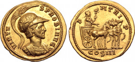 Probus AV Aureus. Siscia, AD 279. VIRTVS PROBI AVG, helmeted and cuirassed bust to right, helmet decorated with Victory driving biga / P M TRI P, Empe...