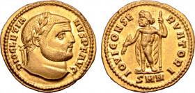 Diocletian AV Aureus. Nicomedia, AD 294. DIOCLETIANVS P F AVG, laureate head to right / IOVI CONSERVATORI, Jupiter standing facing, head to left, wear...