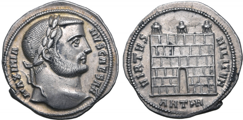 Galerius, as Caesar, AR Argenteus. Antioch, AD 297. MAXIMIANVS CAESAR, laureate ...