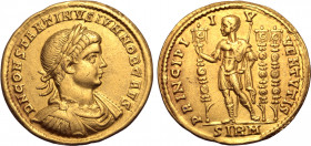 Constantine II, as Caesar, AV Solidus. Sirmium, AD 320. D N CONSTANTINVS IVN NOB CAES, laureate, draped and cuirassed bust to right / PRINCIPI IVVENTV...