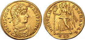 Constans AV Solidus. Thessalonica, AD 337-340. FL IVL CONSTANS P F AVG, diademed, draped and cuirassed bust to right / VICTORIA DD NN AVGG, Victory wa...