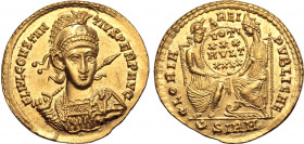 Constantius II AV Solidus. Sirmium, AD 351-355. FL IVL CONSTANTIVS PERP AVG, pearl-diademed, helmeted and cuirassed bust facing slightly to right, hol...
