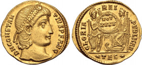 Constantius II AV Solidus. Thessalonica, AD 355-361. D N CONSTANTIVS P F AVG, pearl-diademed head to right / GLORIA REIPVBLICAE, Roma enthroned facing...