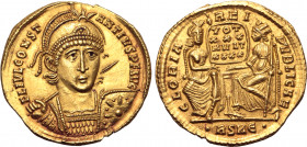 Constantius II AV Solidus. Rome, AD 355-367. FL IVL CONSTANTIVS P F AVG, pearl-diademed, helmeted and cuirassed bust facing, holding spear and shield ...