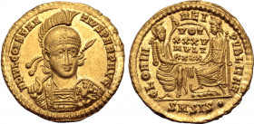 Constantius II AV Solidus. Siscia, AD 355-361. FL IVL CONSTANTIVS PERP AVG, pearl-diademed, helmeted and cuirassed bust facing, holding spear and shie...