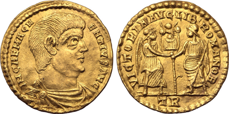 Magnentius AV Solidus. Treveri, AD 350-353. IM CAE MAGNENTIVS AVG, bare-headed, ...