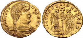Magnentius AV Solidus. Treveri, AD 353. D N MAGNENTIVS AVG, bare headed, draped and cuirassed bust to right / VICT CAES LIB ROM ORB, Victory standing ...