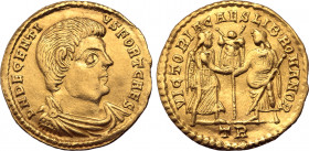 Decentius, as Caesar, AV Solidus. Treveri, AD 351-353. D N DECENTIVS FORT CAES, bare-headed, draped and cuirassed bust to right / VICTORIA•CAES•LIB•RO...