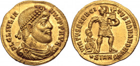 Julian II AV Solidus. Sirmium, AD 361-363. FL CL IVLIANVS P P AVG, pearl-diademed, draped and cuirassed bust to right / VIRTVS EXERCITVS ROMANORVM, em...