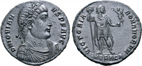 Jovian BI 28mm. Thessalonica, AD 363-364. D N IOVIANVS P F AVG, rosette-diademed, draped and cuirassed bust to right / VICTORIA ROMANORVM, Emperor sta...