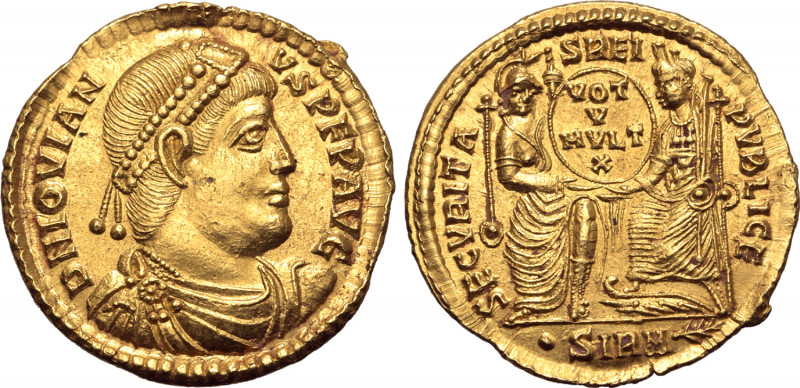 Jovian AV Solidus. Sirmium, AD 363-364. D N IOVIANVS P F P AVG, pearl-diademed, ...