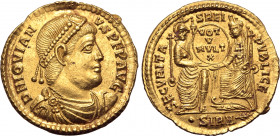 Jovian AV Solidus. Sirmium, AD 363-364. D N IOVIANVS P F P AVG, pearl-diademed, draped and cuirassed bust to right / SECVRITAS REIPVBLICE, Roma enthro...