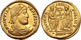 Jovian AV Solidus. Sirmium, AD 363-364. D N IOVIANVS P F P AVG, pearl-diademed, draped and cuirassed bust to right / SECVRITAS REIPVBLICE, Roma enthro...