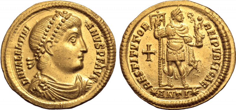 Valentinian I AV Solidus. Antioch, AD 364. D N VALENTINIANVS P F AVG, pearl-diad...