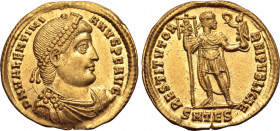 Valentinian I AV Solidus. Thessalonica, AD 364-367. D N VALENTINIANVS P F AVG, pearl-diademed, draped and cuirassed bust to right / RESTITVTOR REIPVBL...