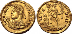 Valentinian I AV Solidus. Siscia mint, January AD 365. D N VALENTINIANVS P F AVG, consular bust to left, wearing pearl-diadem and imperial mantle, hol...