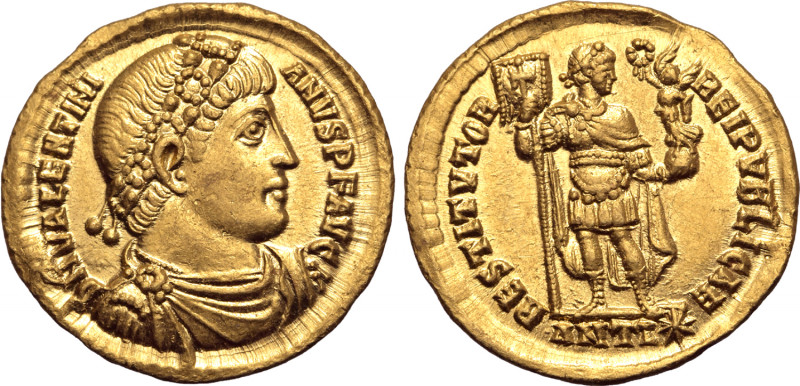 Valentinian I AV Solidus. Antioch, AD 365. D N VALENTINIANVS P F AVG, rosette-di...