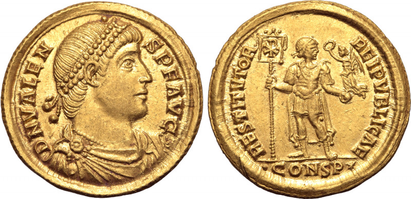Valens AV Solidus. Constantinople, AD 364. D N VALENS P F AVG, pearl-diademed, d...