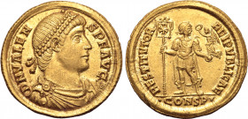 Valens AV Solidus. Constantinople, AD 364. D N VALENS P F AVG, pearl-diademed, draped and cuirassed bust to right / RESTITVTOR REIPVBLICAE, emperor st...