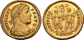 Valens AV Solidus. Constantinople, AD 364. D N VALENS P F AVG, pearl-diademed, draped and cuirassed bust to right / VIRTVS ROMANORVM, the two emperors...