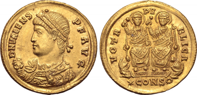 Valens AV Solidus. Constantinople, AD 368. D N VALENS P F AVG, consular bust to ...