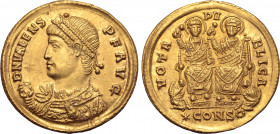 Valens AV Solidus. Constantinople, AD 368. D N VALENS P F AVG, consular bust to left, wearing pearl-diadem and imperial mantle, holding mappa in right...