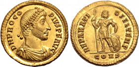 Procopius AV Solidus. Constantinople, September-December AD 365. D N PROCOPIVS P F AVG, pearl-diademed, draped and cuirassed bust to right / REPARATIO...