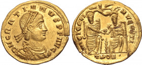 Gratian AV Imitative Solidus. Uncertain mint copying Treveri, AD 367-383. D N GRATIANVS P F AVG, pearl-diademed, draped and cuirassed bust to right / ...