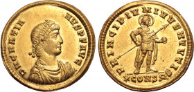 Gratian AV Solidus. Constantinople, AD 367. D N GRATIANVS P F AVG, pearl-diademed, draped and cuirassed bust to right / PRINCIPIVM IVVENTVTIS, emperor...