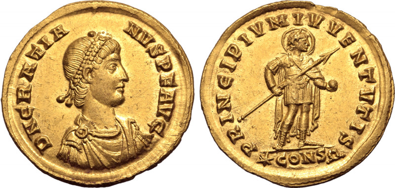 Gratian AV Solidus. Constantinople, AD 367. D N GRATIANVS P F AVG, pearl-diademe...