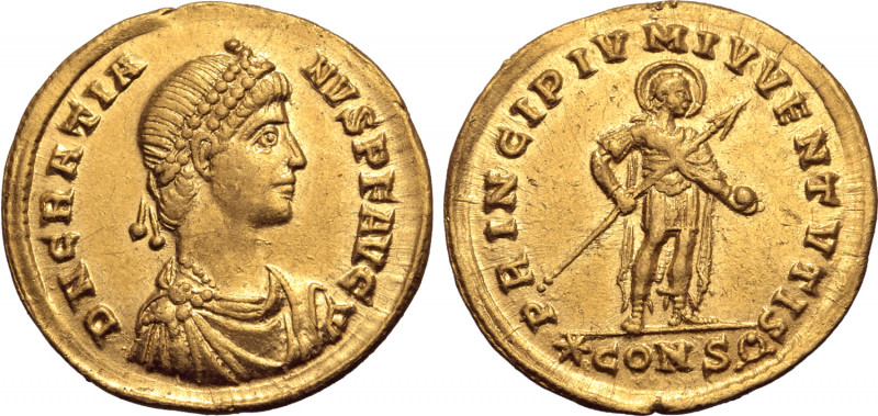 Gratian AV Solidus. Constantinople, AD 367. D N GRATIANVS P F AVG, pearl-diademe...