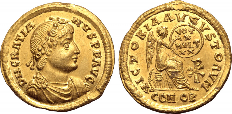 Gratian AV Solidus. Constantinople, AD 371. D N GRATIANVS P F AVG, rosette-diade...