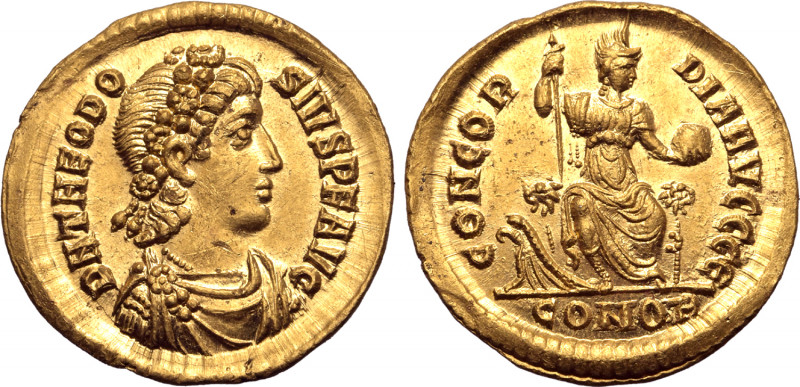 Theodosius AV Solidus. Constantinople, AD 382-383. D N THEODOSIVS P F AVG, roset...