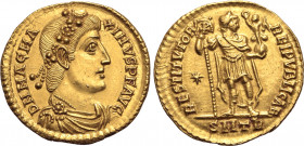 Magnus Maximus AV Solidus. Treveri, AD 383-388. D N MAG MAXIMVS P F AVG, rosette-diademed, draped and cuirassed bust to right / RESTITVTOR REIPVBLICAE...