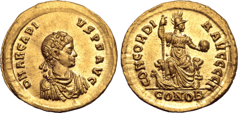 Arcadius AV Solidus. Constantinople, AD 378-383. D N ARCADIVS P F AVG, pearl-dia...