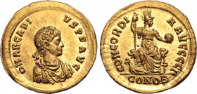 Arcadius AV Solidus. Constantinople, AD 378-383. D N ARCADIVS P F AVG, pearl-diademed, draped and cuirassed bust to right / CONCORDIA AVGGGG I, Consta...