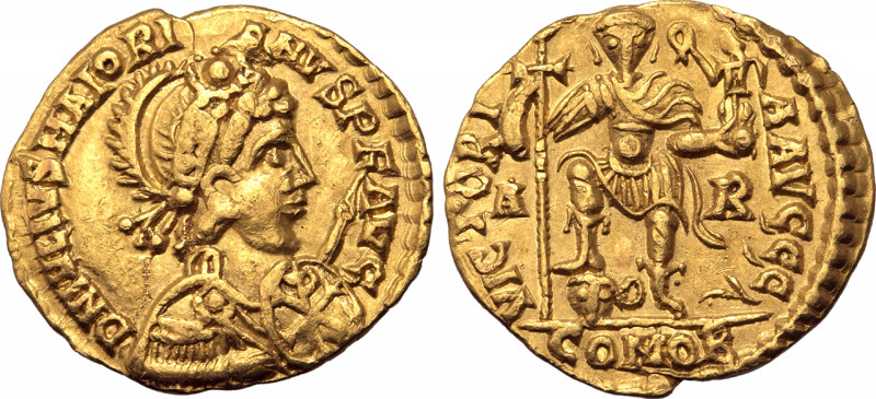 Majorian AV Solidus. Arelate, AD 460-461. D N IVLIVS MAIORIANVS P F AVG, diademe...