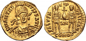 Anthemius AV Solidus. Rome, 12 April AD 467 - 11 July AD 472. D N ANTHEMIVS P F AVG, helmeted, pearl-diademed and cuirassed bust facing slightly to ri...