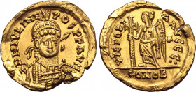 Julius Nepos AV Solidus. Rome, 19 June AD 474 - 28 August AD 475. D N IVL NEPOS P F AVG, helmeted, pearl-diademed and cuirassed bust facing, holding s...