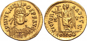 Julius Nepos AV Solidus. Ravenna, 19 June AD 474 - 28 August AD 475. D N IVL NEPOS P F AVG, helmeted, pearl-diademed and cuirassed bust facing, holdin...